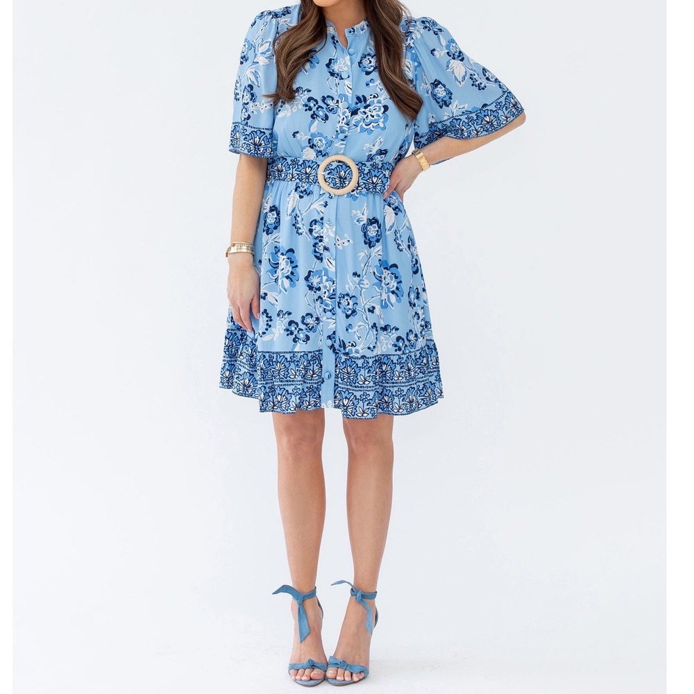STS Sail to Sable x Style Charade Blue Floral Belted Mini Dress Small a5